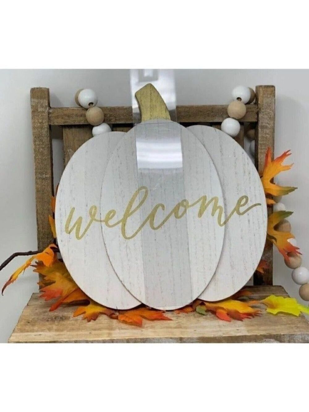 Fall Welcome White Pumpkin Door Wreath Decor 10 inch Home Decor Gold - Picture 3 of 8